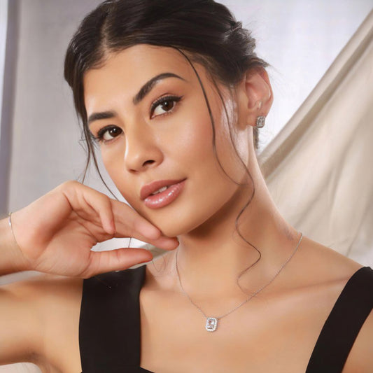 Beautiful Emerald Cut Single AD Solitaire Chain Pendant Set with Studs