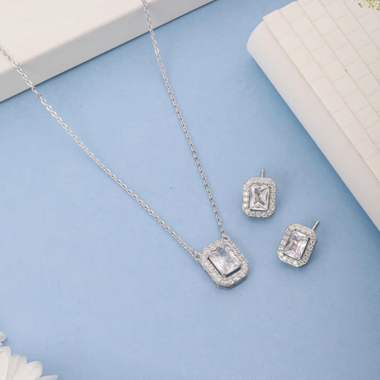 Beautiful Emerald Cut Single AD Solitaire Chain Pendant Set with Studs