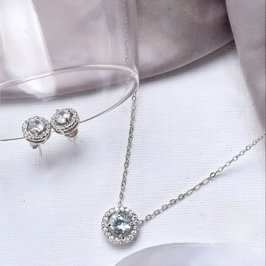 Beautiful Round Single AD Solitaire Chain Pendant Set with Studs