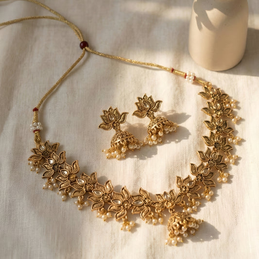 Gold Toned Choker Necklace Set with Earrings for Women