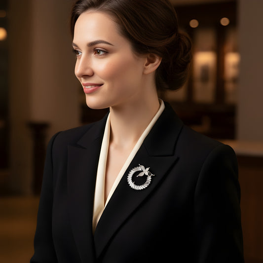 Dazzling Cubic Zirconia Flower & Wreath Lapel Pin - Silver Tone