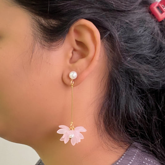 Pink Floral Drop Earrings with Pearl