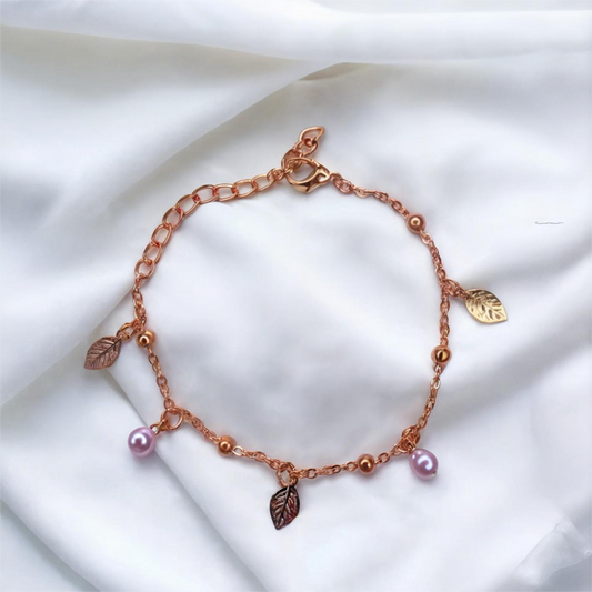 Golden Plated Bracelet with Pearls & Leaves