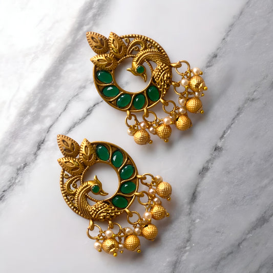 Beautiful Golden Antique Oxidised Round Peacock Design Earrings