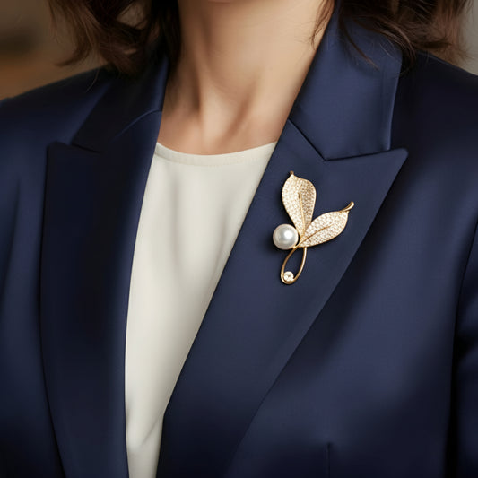 Luxury Pave Zirconia Leaf Brooch Pin with Classic Pearl Accent