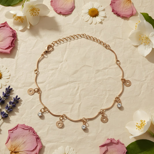 Gold Pave Stone Bar Anklet with Filigree Charms