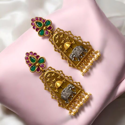 Antique Golden Oxidised Elephant Design Danglers