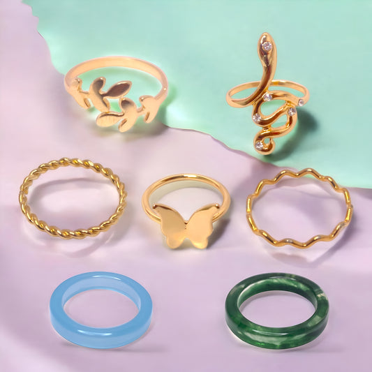Stylish Boho Korean Design 7 pc Rings Set Combo for Women