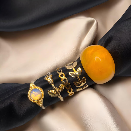 Trendy & Stylish Gold Toned Korean Design 5 pcs Ring Combo set for Women