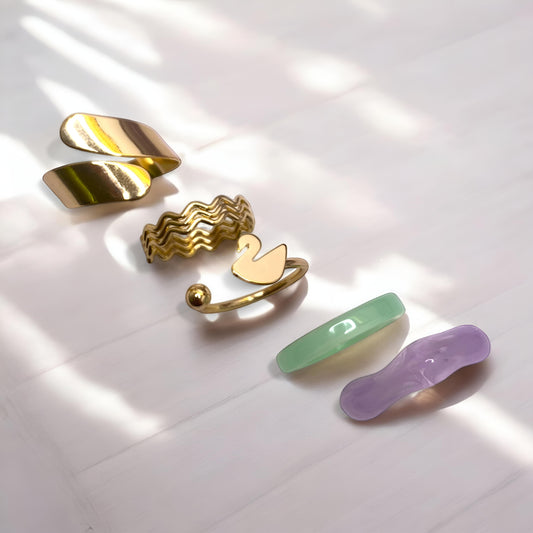 Golden Plated & Resin 5 Rings Set for Women
