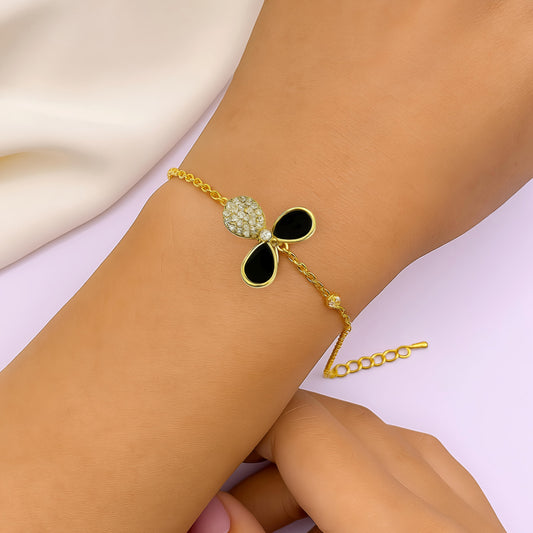Golden Adjustable Bracelet with Zircon & Black Stone