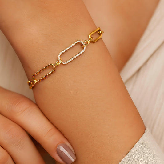 Vintage Golden Plated Link Chain Bracelet with CZ