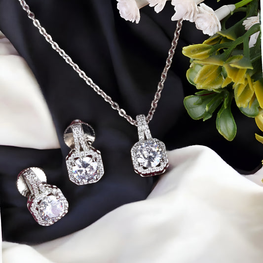 Beautiful Square Cut Single AD Solitaire Chain Pendant with Studs