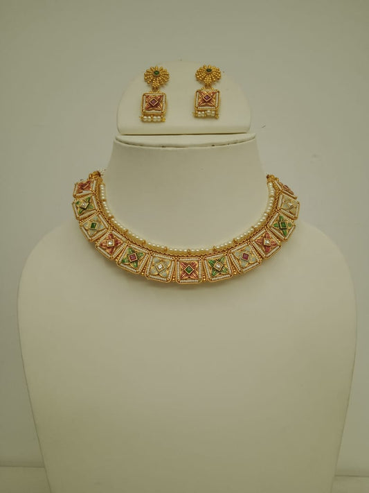 Vibrant Multicolored Enamel & Pearl Square Necklace Set