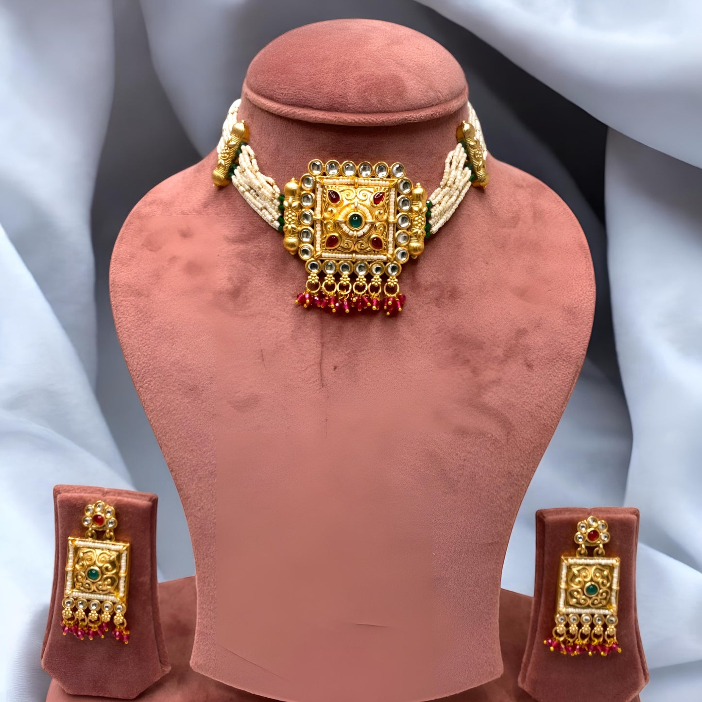 Traditional Square Medallion Multi-Strand Pearl Choker Set