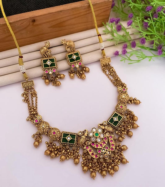 Exquisite Antique Gold-Plated Elephant Motif Necklace Set