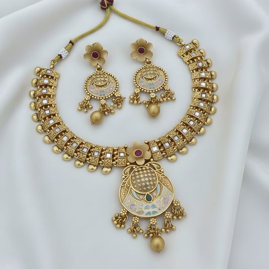 Gold-Plated Floral Meenakari Choker Set