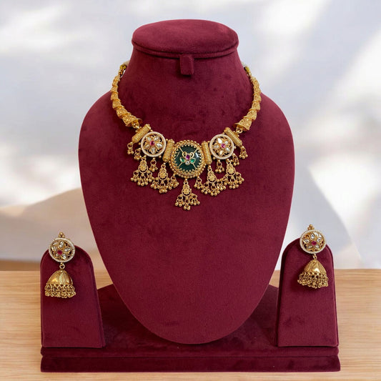 Royal Emerald & Ruby Antique Gold-Plated Choker Set