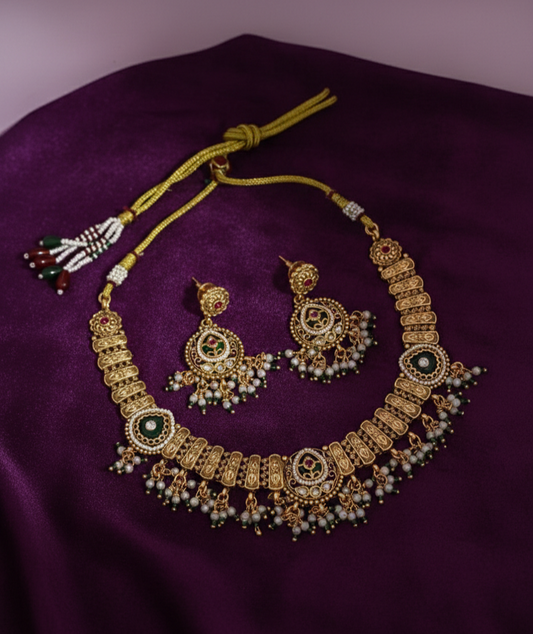 Traditional Gold-Plated Necklace Set with Pearl Drops