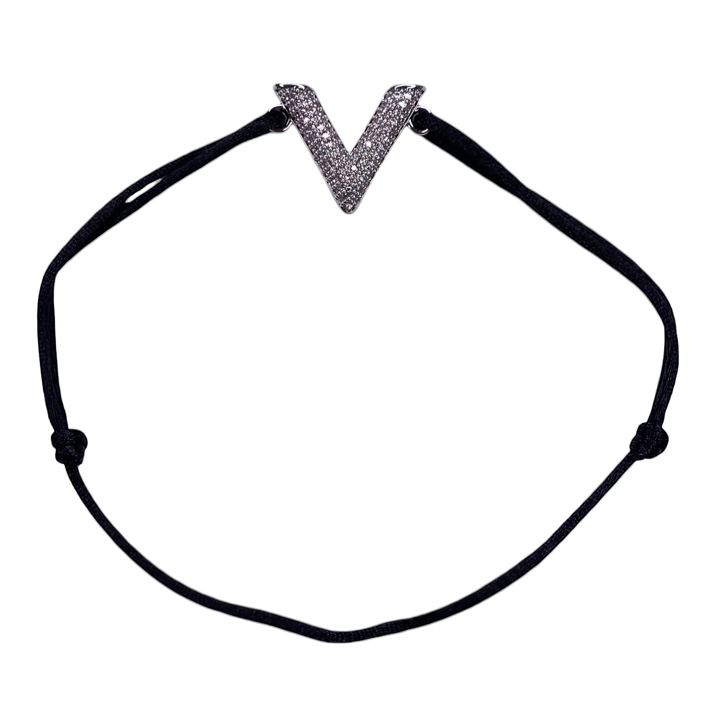 Vintage V Letter Bracelet with Black thread & CZ