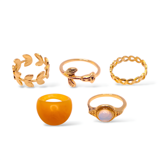 Trendy & Stylish Gold Toned Korean Design 5 pcs Ring Combo set for Women