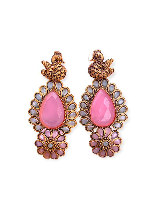 GOLD OXIDISED With Gold PLATED AD EARRINGS WITH BABY PINK CARVING STONE