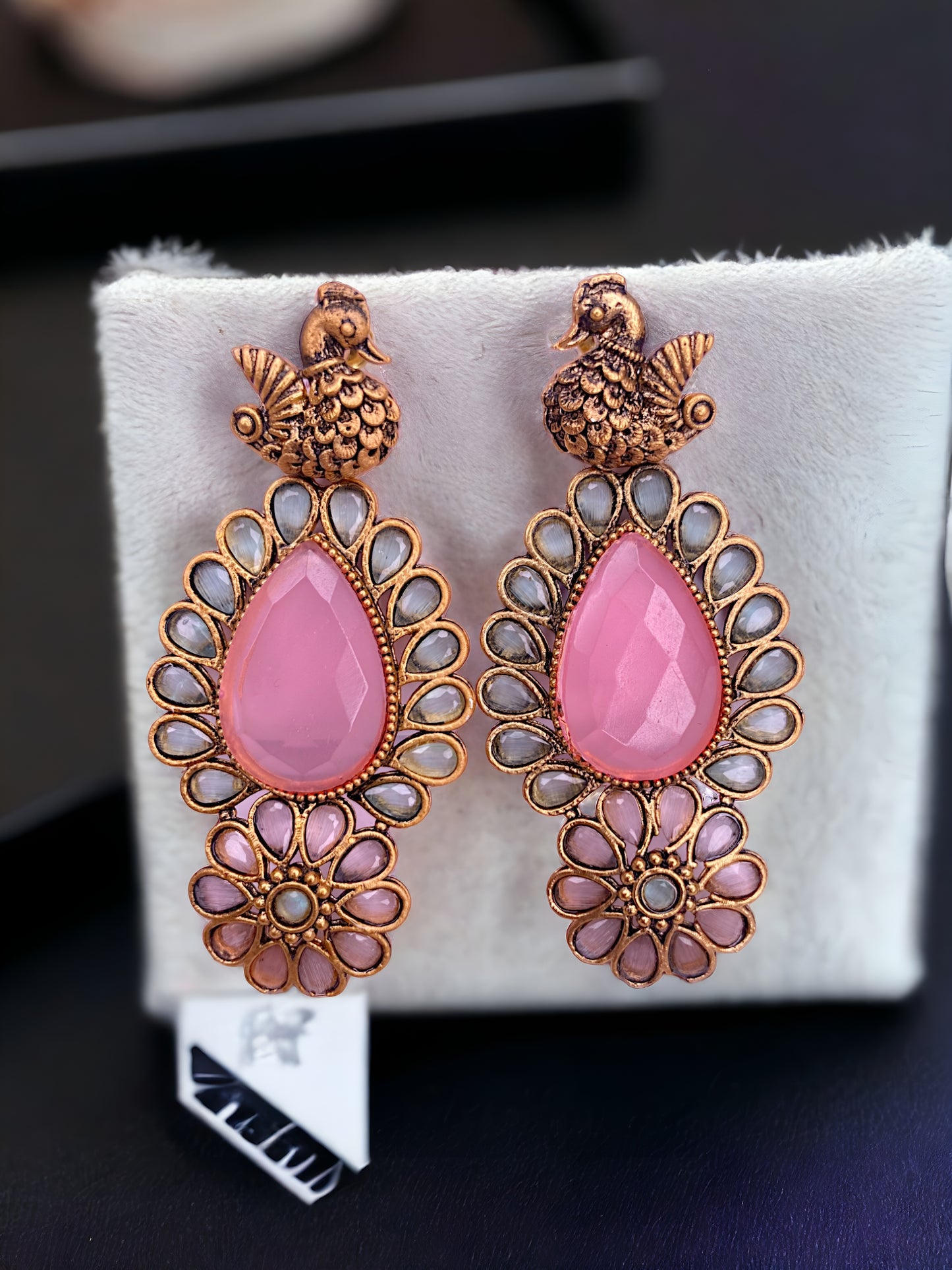 GOLD OXIDISED With Gold PLATED AD EARRINGS WITH BABY PINK CARVING STONE