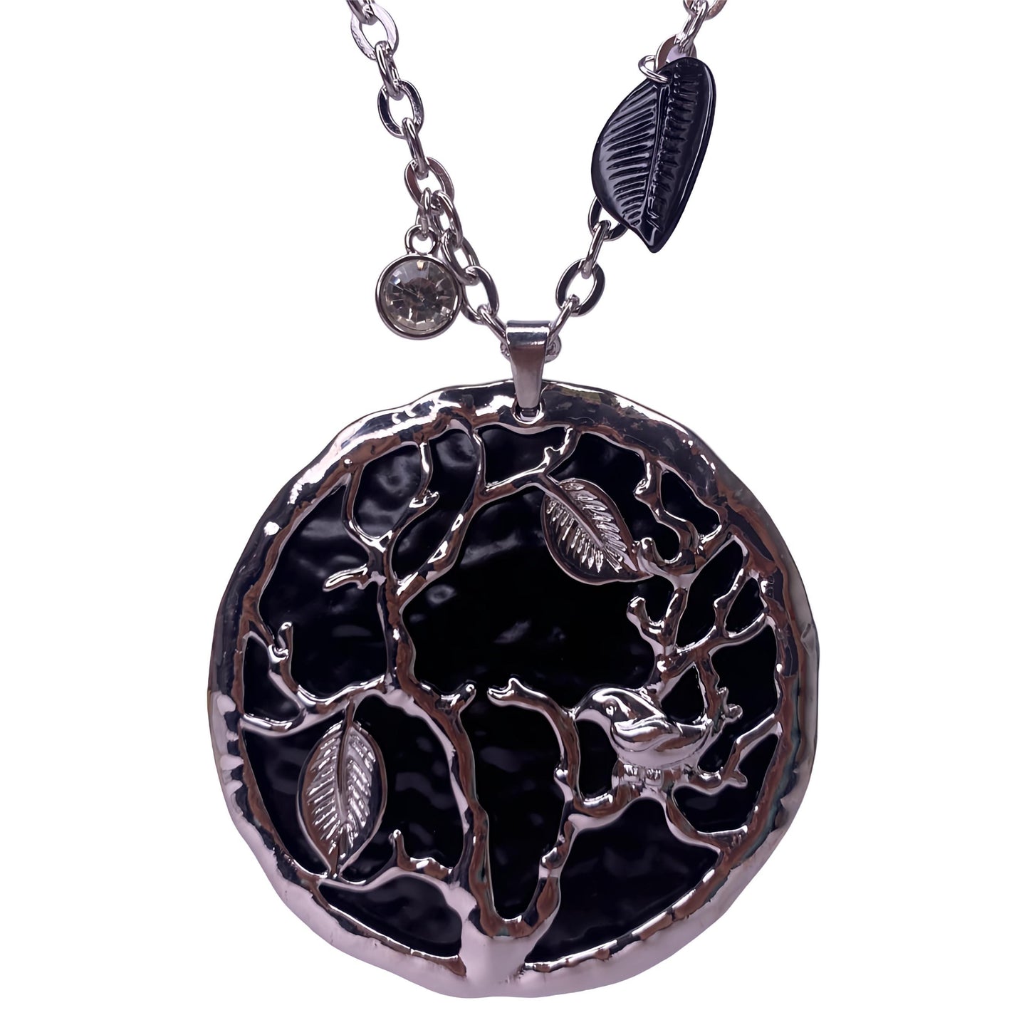 Silver Plated Black Tree Long Chain Pendant with Stone & Leaf Charm