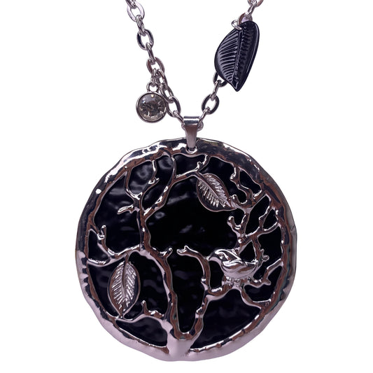 Silver Plated Black Tree Long Chain Pendant with Stone & Leaf Charm