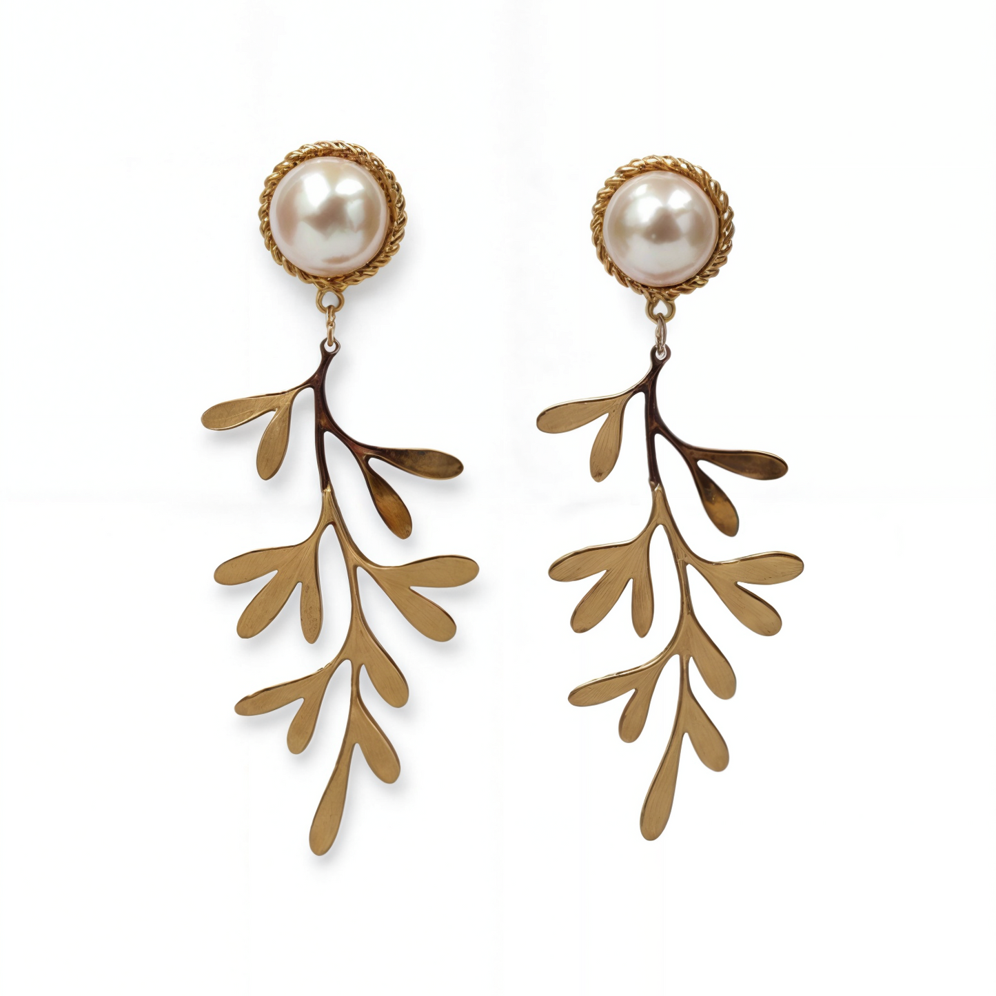 Gold Plated Leaf Danglers with Pearl