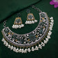 Dual Tone Afghani Oxidised Floral Choker Necklace Set with Hanging Pearls