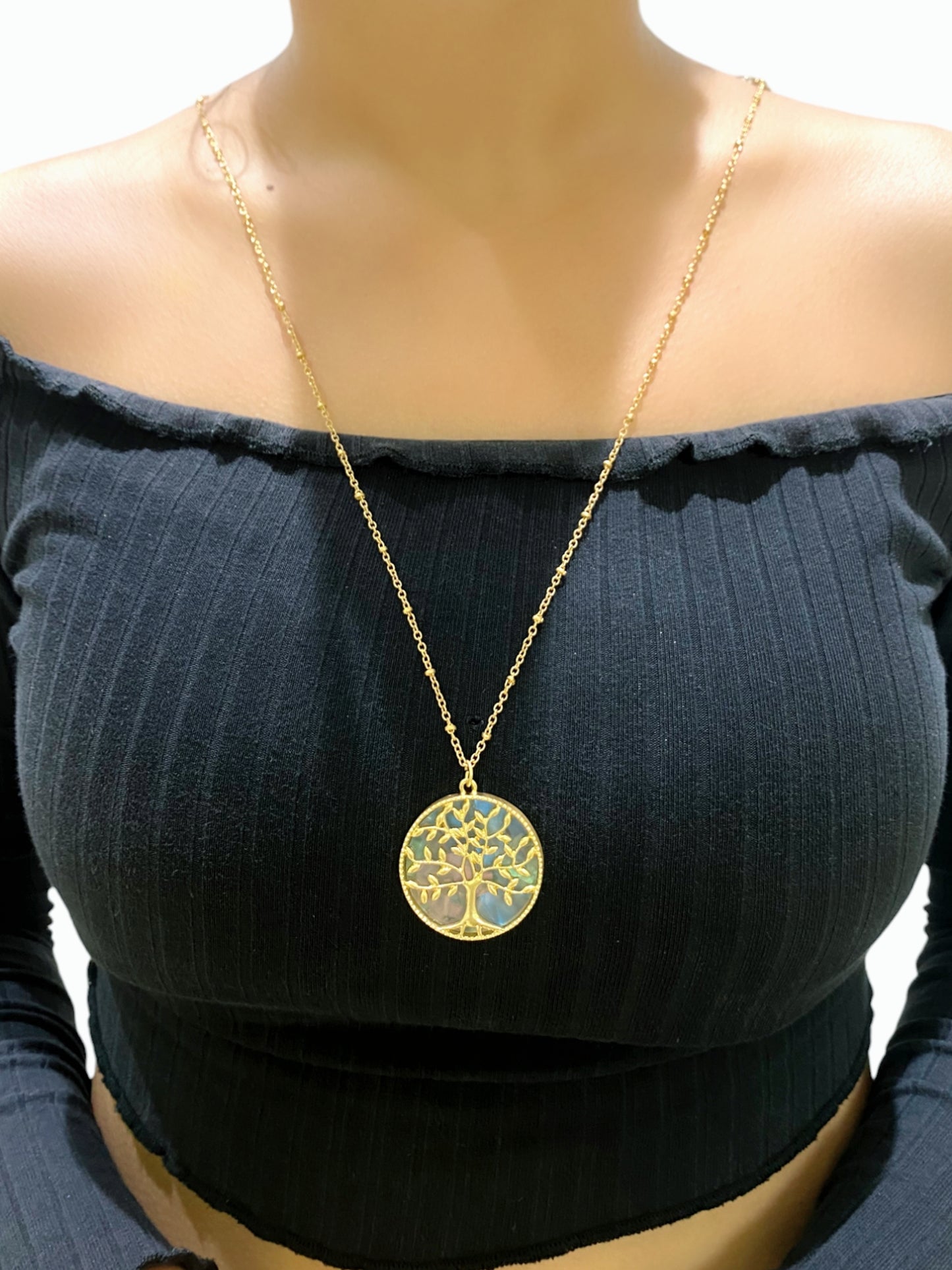 Golden Plated Tree of Life Long Chain Pendant with Shell stone