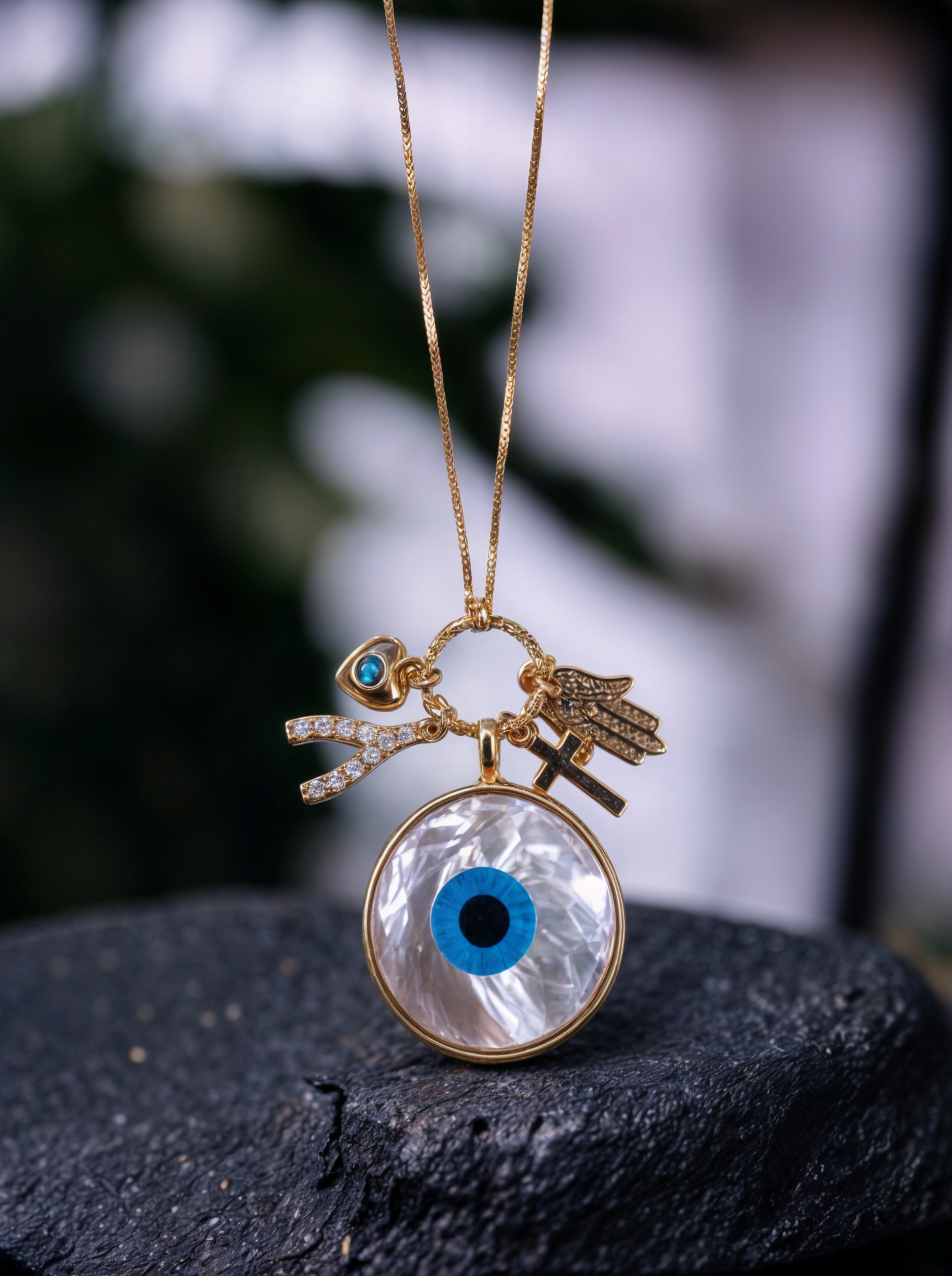 MOP Evil Eye Chain Pendant with Charms