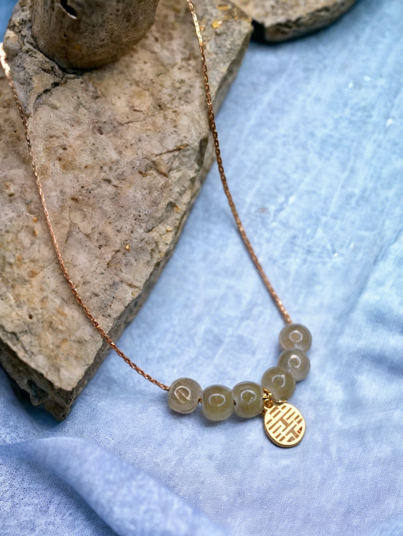 Jade Beads Chain Pendant with Golden Charm