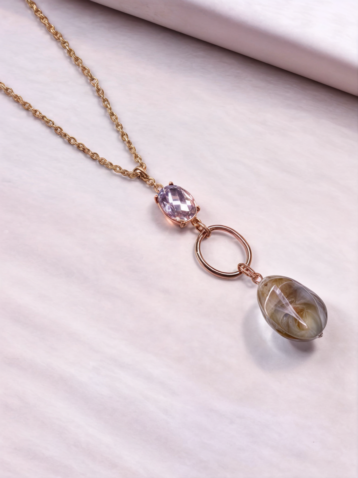 Golden Plated Crystal Stone Long Chain Pendant with Pebble Stone