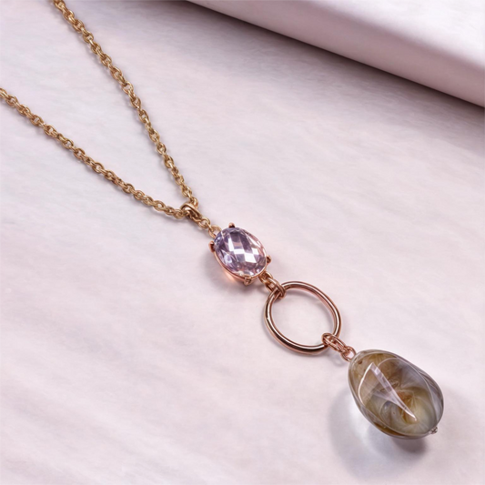 Golden Plated Crystal Stone Long Chain Pendant with Pebble Stone