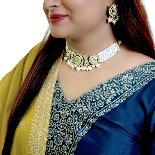 Beautiful Kundan Choker Necklace Set with White Pearls