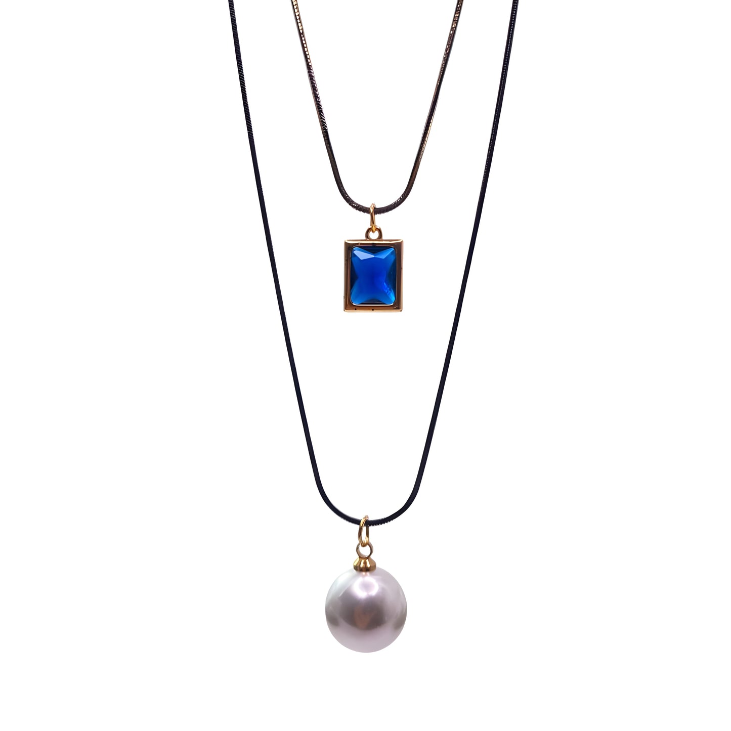 Radiant Blue Sapphire Pendant with Pearl 2 Layer Necklace