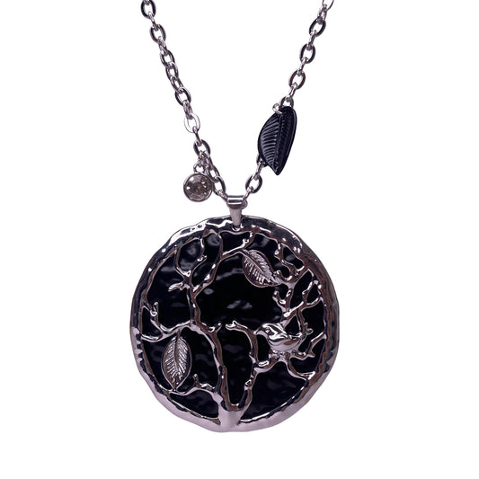 Silver Plated Black Tree Long Chain Pendant with Stone & Leaf Charm