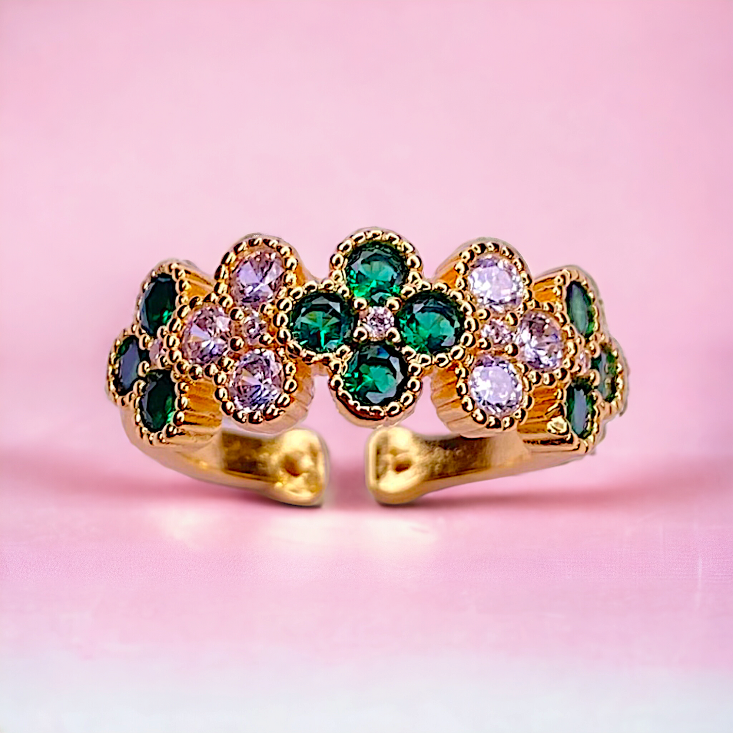 Gold-Plated Green and White CZ Quatrefoil Young lady Ring