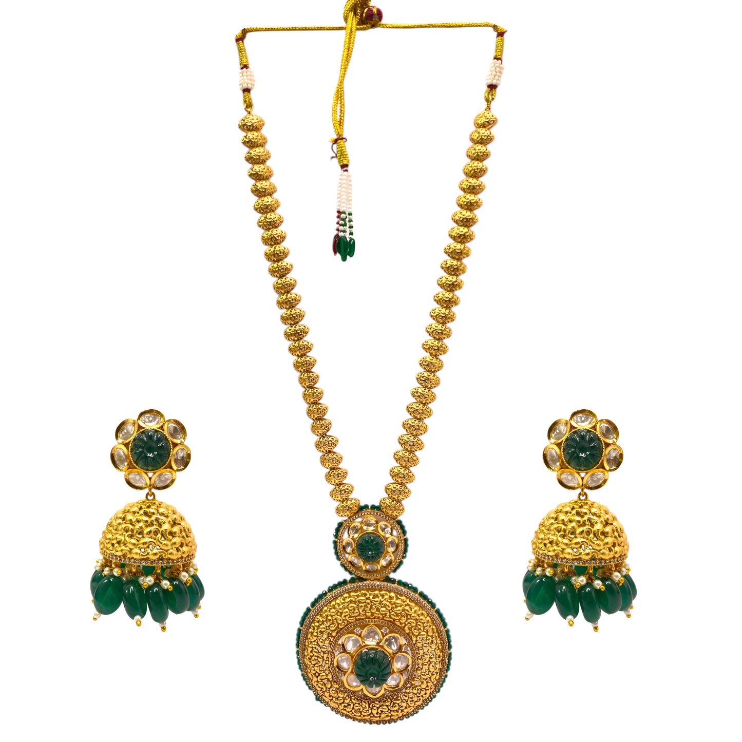 Radiant Heavy Golden Long Necklace Set with Green Stone & Polki