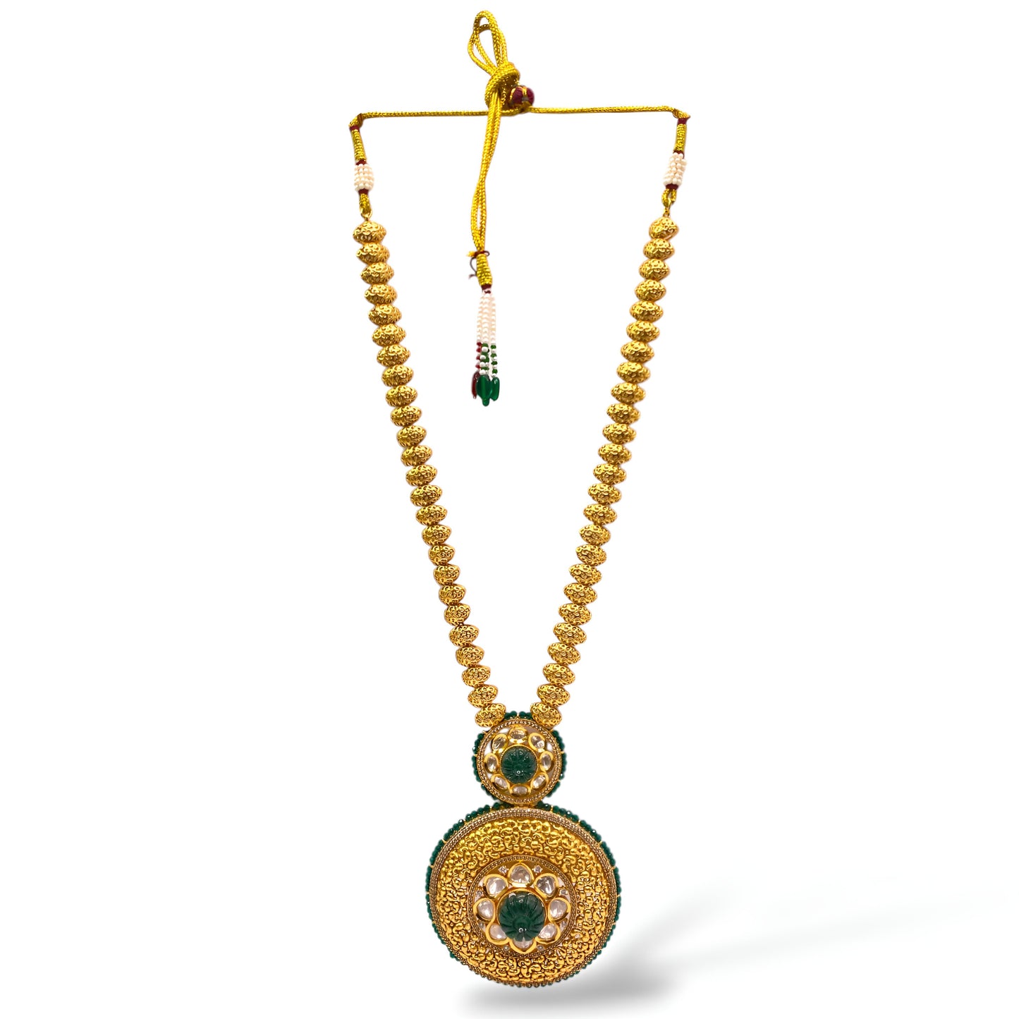 Radiant Heavy Golden Long Necklace Set with Green Stone & Polki