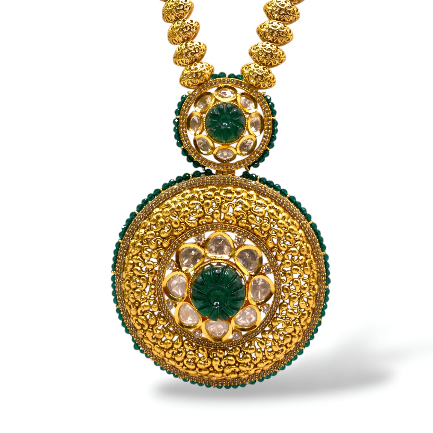 Radiant Heavy Golden Long Necklace Set with Green Stone & Polki