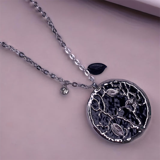 Silver Plated Black Tree Long Chain Pendant with Stone & Leaf Charm