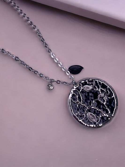 Silver Plated Black Tree Long Chain Pendant with Stone & Leaf Charm