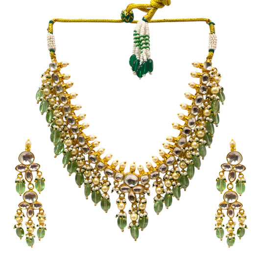 Beautiful Kundan Necklace Set with Light Green Beads Drops