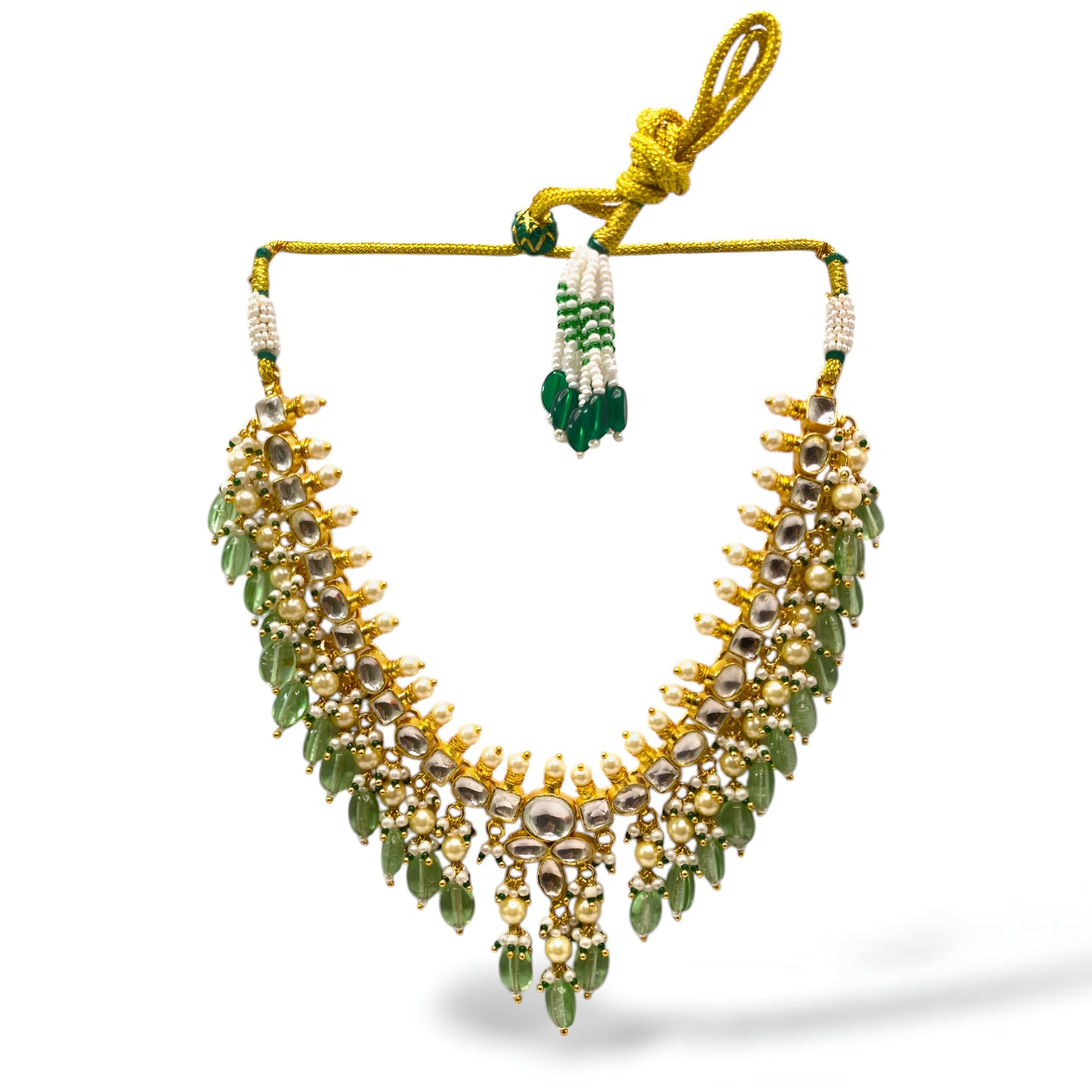 Beautiful Kundan Necklace Set with Light Green Beads Drops