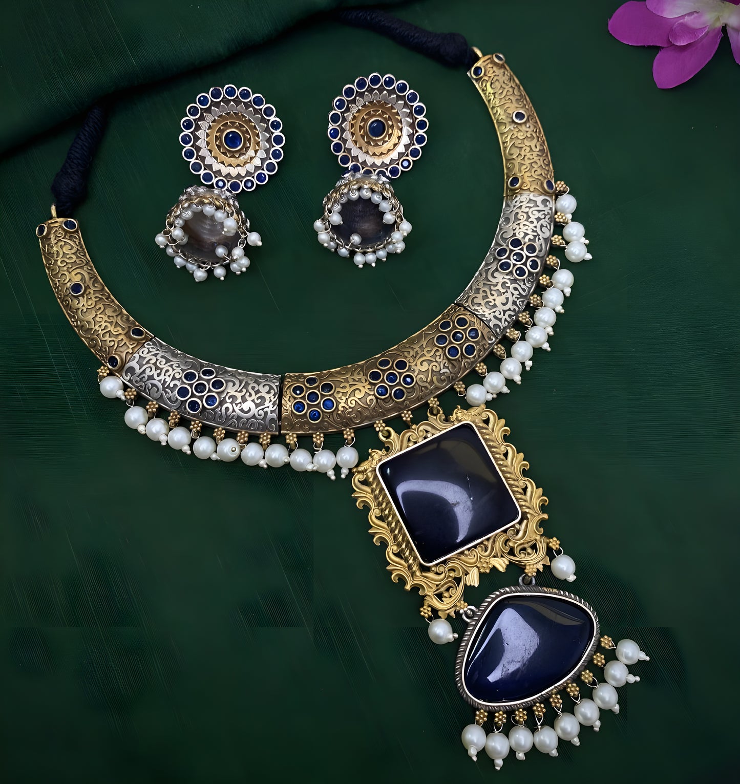 Oxidised Two Tone Hasli Necklace Set with Jhumkis