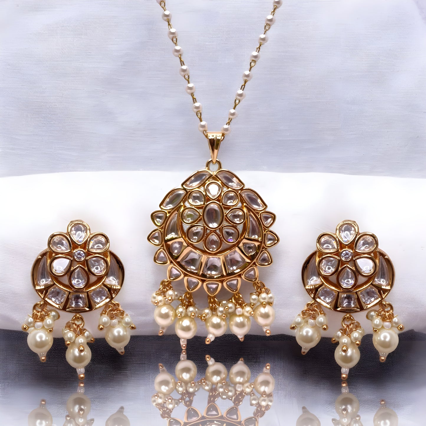 Beautiful Polki Chain Pendant Set with White Pearls