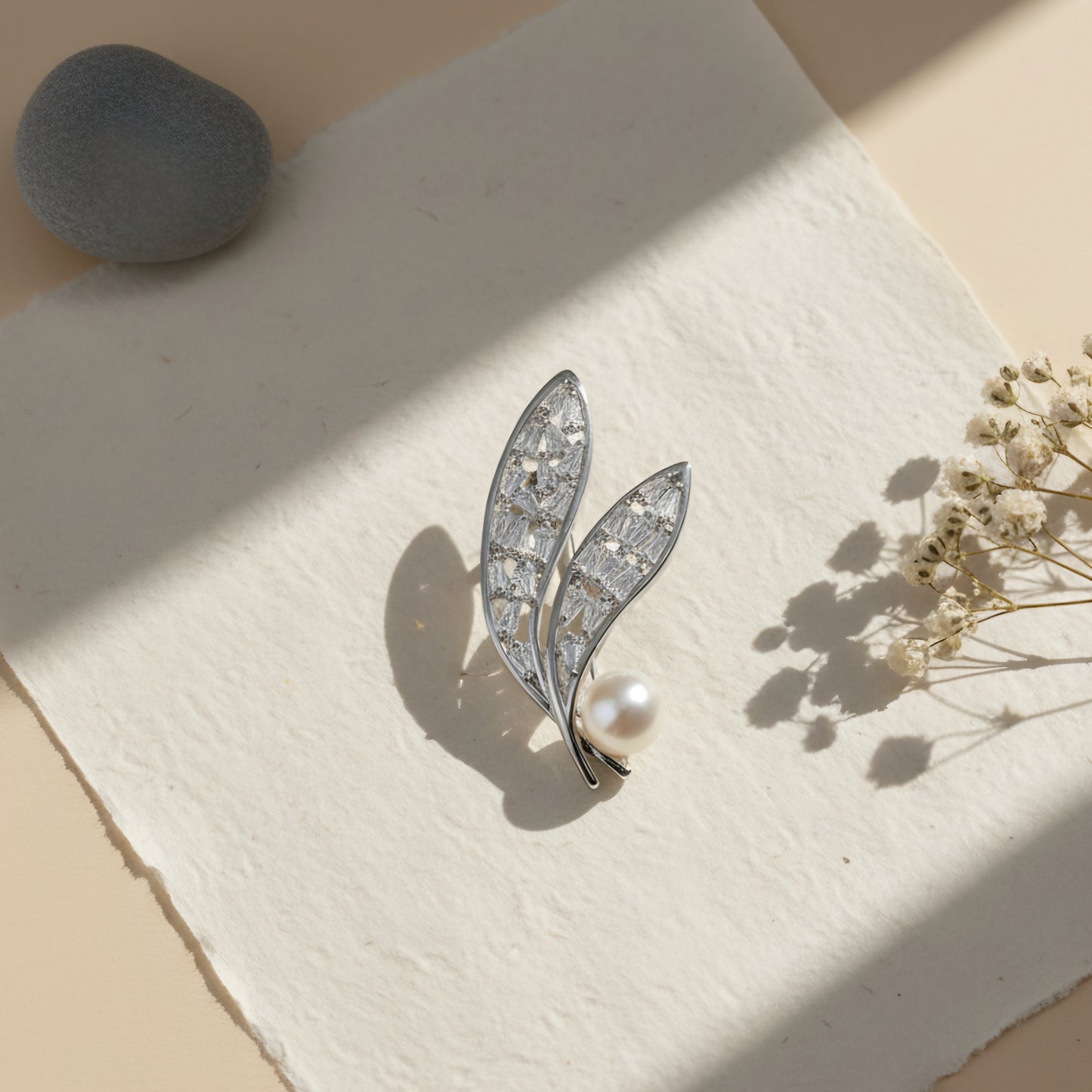 Elegant Baguette Crystal Leaf Brooch Pin with Pearl Accent